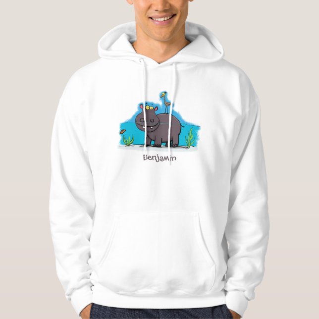 Sudadera Un gracioso hipopótamo con personalizado de pájaro (Anverso)