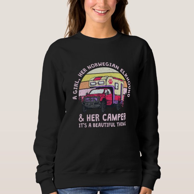 Sudadera Una Chica Su Noruego Elkhound Y Su Camper Norsk (Anverso)