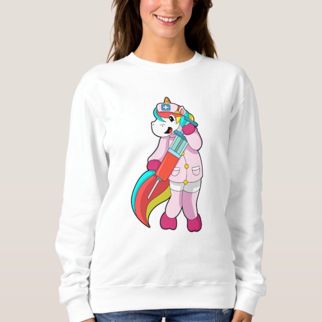 Sudadera Unicornio como enfermera en vacunación y jeringas (Anverso)