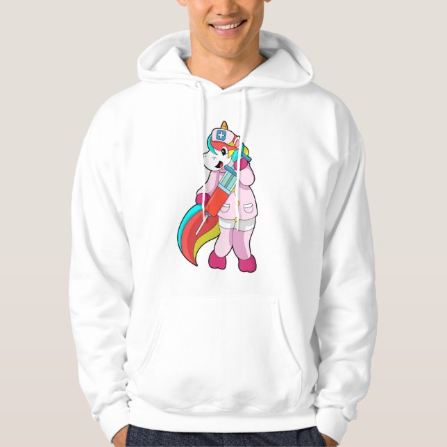 Sudadera Unicornio como enfermera en vacunación y jeringas (Anverso)