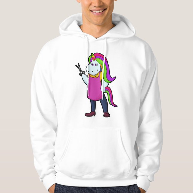 Sudadera Unicornio como peluquero con tijeras (Anverso)