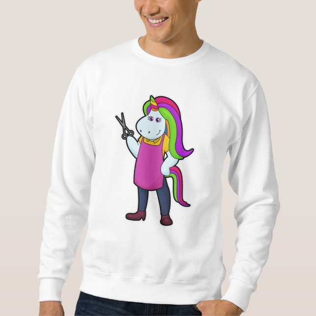 Sudadera Unicornio como peluquero con tijeras (Anverso)