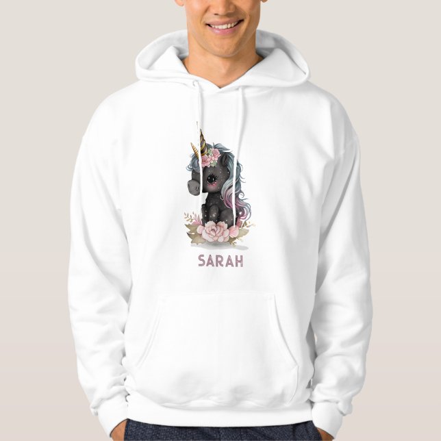 Sudadera Unicornio negro con flores de unicornio (Anverso)