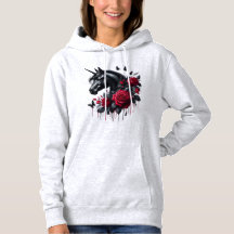 Unicornio negro rodeado de rosas rojas vibrantes