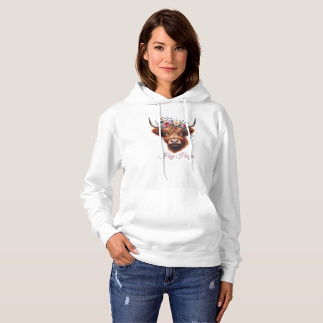 Sudadera Vaca de tierras altas, con flores y primavera (Anverso completo)