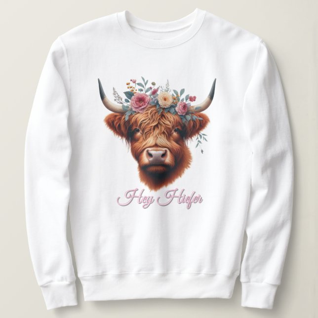 Sudadera Vaca de tierras altas, con flores y primavera (Anverso del diseño)