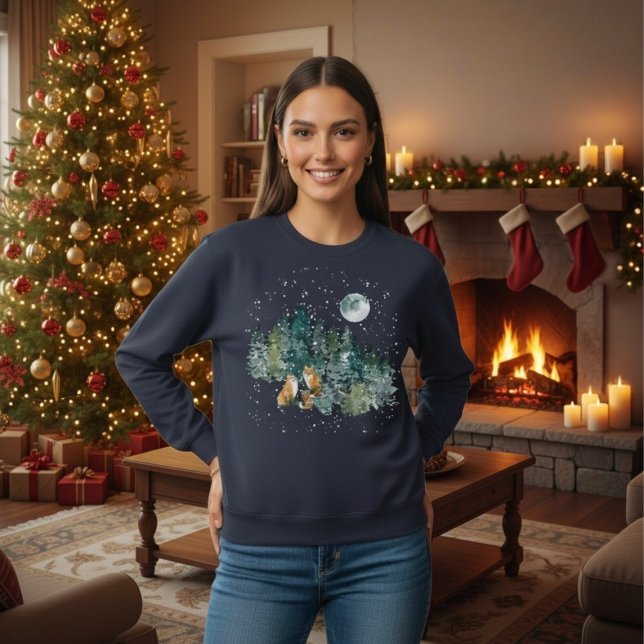 Sudadera Vacaciones de nieve en la luna llena del bosque de (Fox Family Forest Full Moon Snowfall Holiday Sweatshirt)