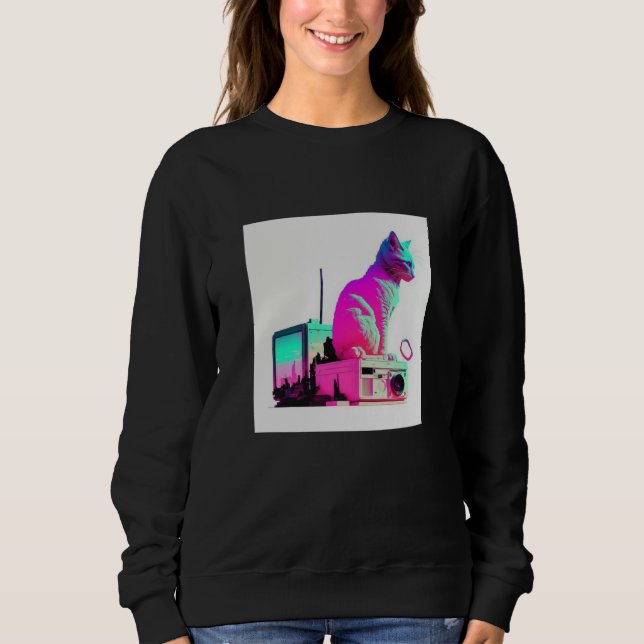 Sudadera Vaperwave Aesthetic Glitch Cat Retrowave Synthwave (Anverso)