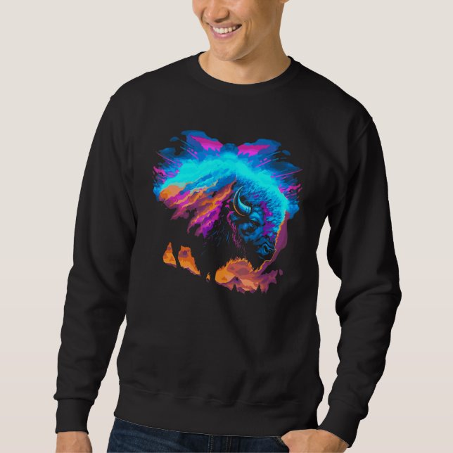 Sudadera Vaporwave Synthwave Bison Búfalo Americano 80s Eig (Anverso)
