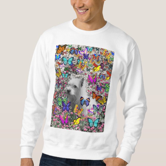 Sudadera Violeta en mariposas - perro blanco de Westie (Anverso)