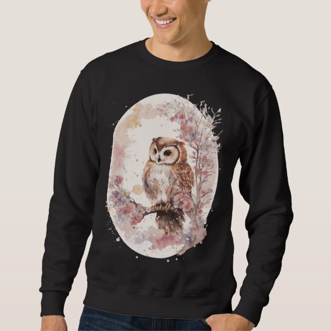 Sudadera Watercolor Owl Cherry Blossom Japanese Sakura (Anverso)