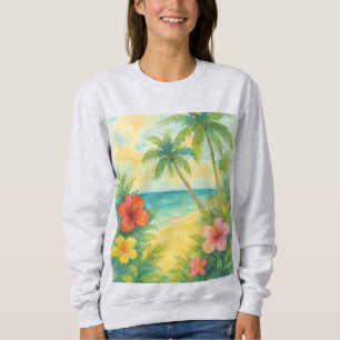 Sudadera Watercolor Tropical Beach Landscape Palms