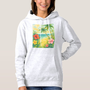Sudadera Watercolor Tropical Beach Landscape Palms