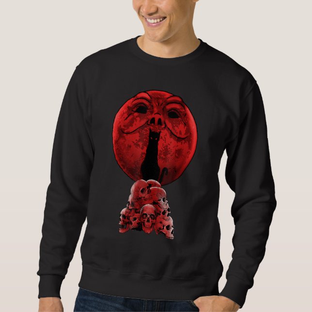 Sudadera Whimsigoth Red Halloween Cat Skull Full Moon Gothi (Anverso)