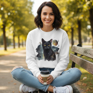 Sudadera White Sweatshirt with Black Cat and Watercolor 