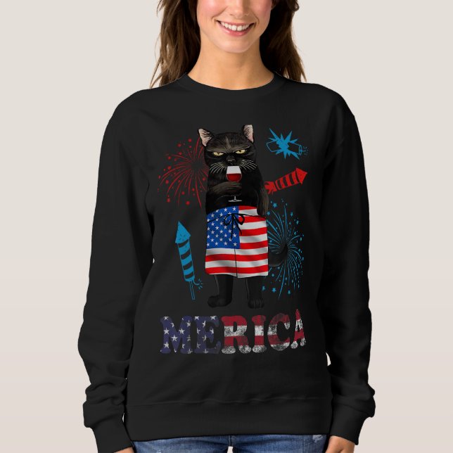 Sudadera Womens  Merica Black Cat Wine Glass Firework USA F (Anverso)