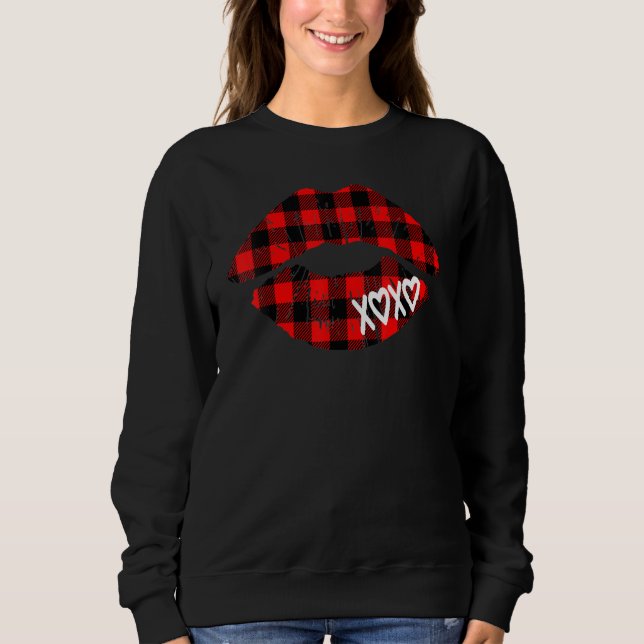 Sudadera Womens Red Buffalo Plaid Lips  Valentine Day XOXO (Anverso)