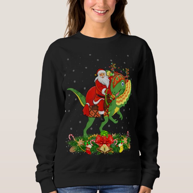 Sudadera Xmas Gracioso Santa Riding Dilophosaurus Dinosaur  (Anverso)