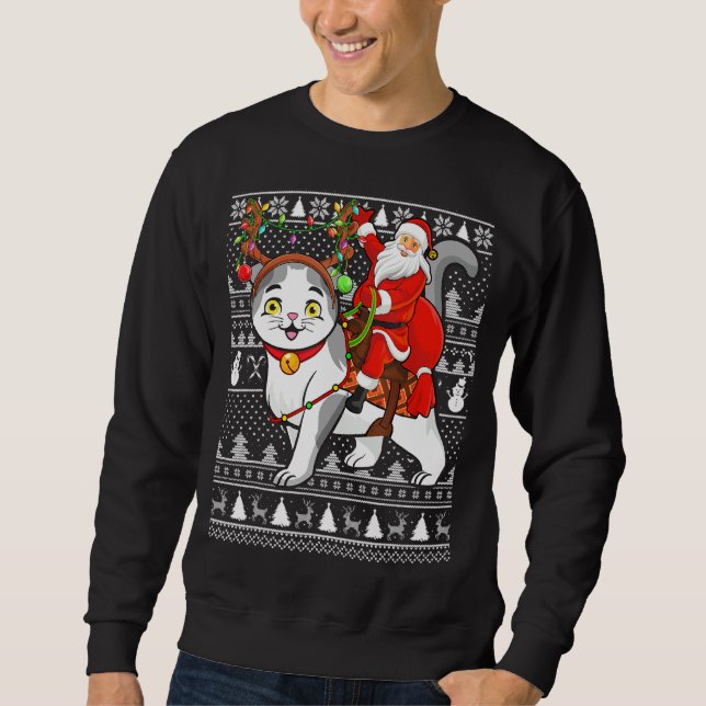 Sudadera Xmas Gracioso Santa Riding Scottish Fold Cat Ugly  (Anverso)