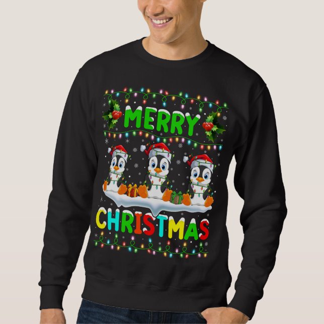 Sudadera Xmas Pingüino Ave iluminando Santa Hat Feliz Navid (Anverso)