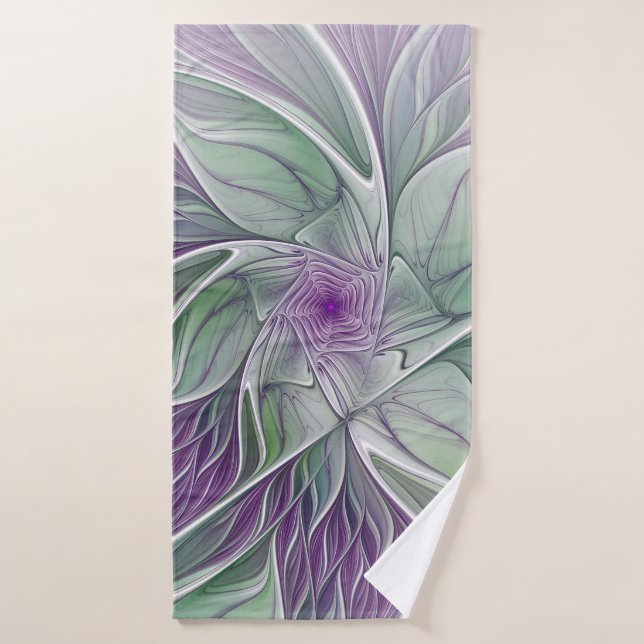 Sueño de flores, abstracto arte fractal verde púrp (Toalla de baño)