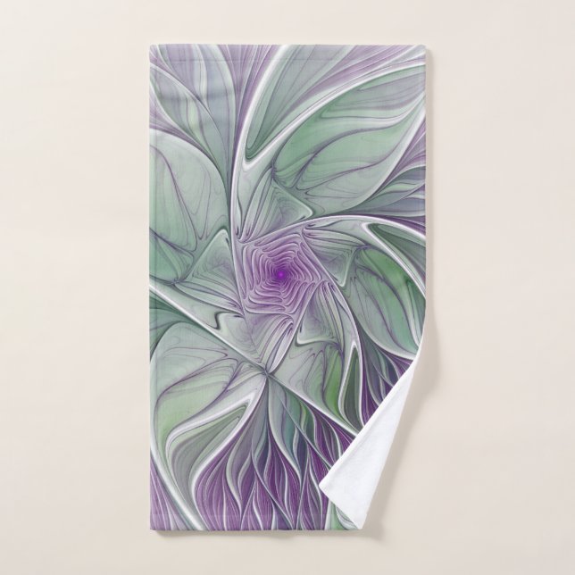 Sueño de flores, abstracto arte fractal verde púrp (Toalla de mano)