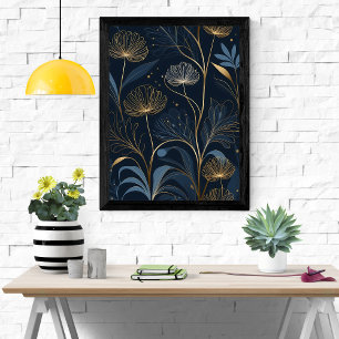 Sueños de flores doradas - Arte azul marino y oro