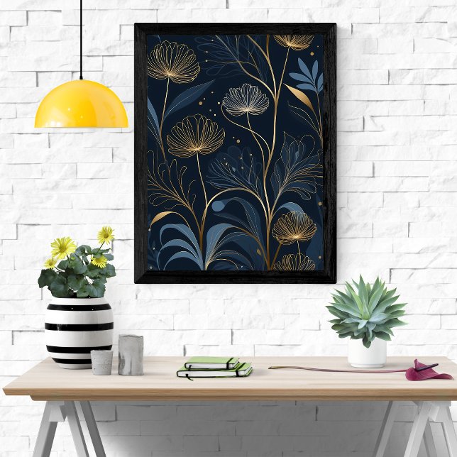 Sueños de flores doradas - Arte azul marino y oro (Subido por el creador)