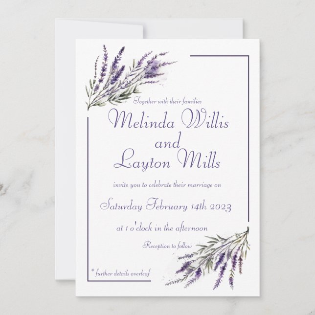 Sueños de lavanda: Invitación a la boda acuarela (Anverso)