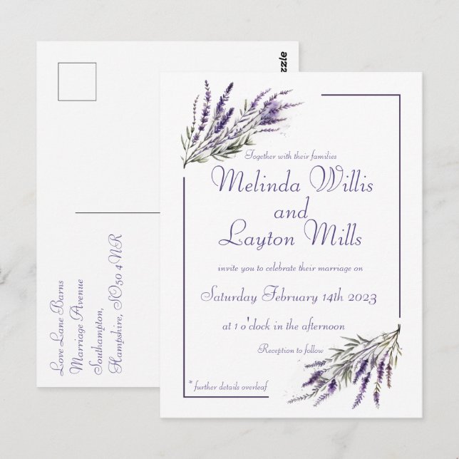 Sueños de lavanda: Postales Bodas de acuarela (Anverso / Reverso)