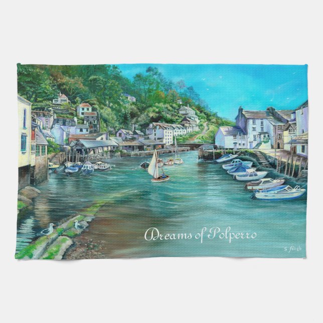 Sueños de Polperro, toallas de té de Cornwall (Horizontal)