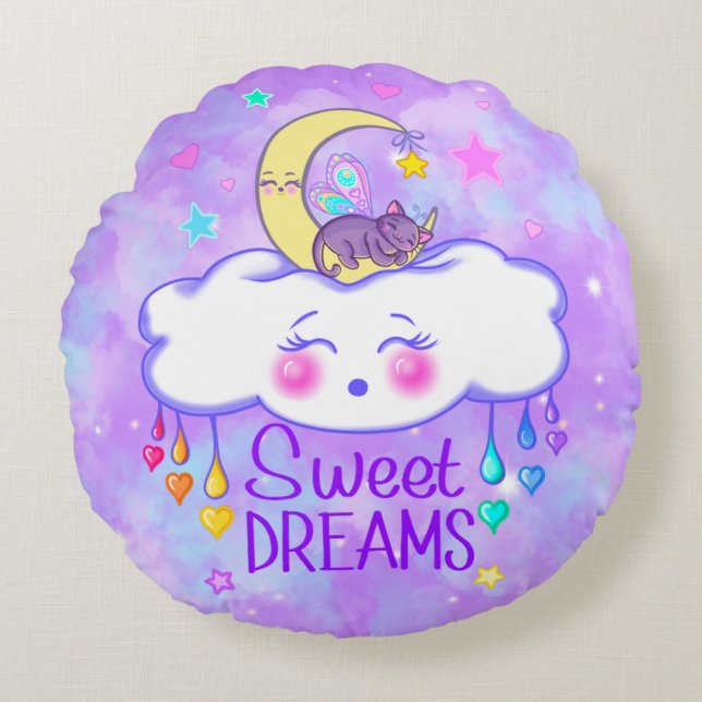 Sueños dulces y dulces Kawaii Almohada redonda (Anverso)