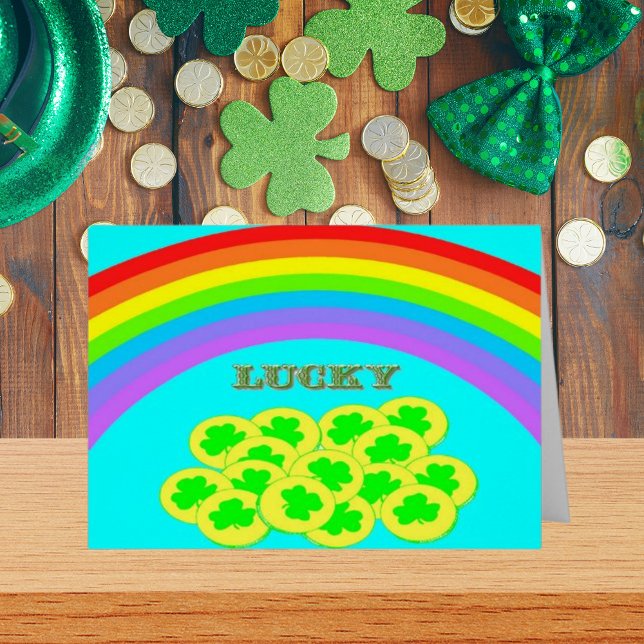 Suertudo con arcos de lluvia, oro y rocas de champ (Lucky Rainbows Gold & Shamrocks Holiday Card)