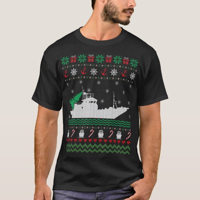Suéter feo de Navidad de barco divertido para pesc (Anverso)