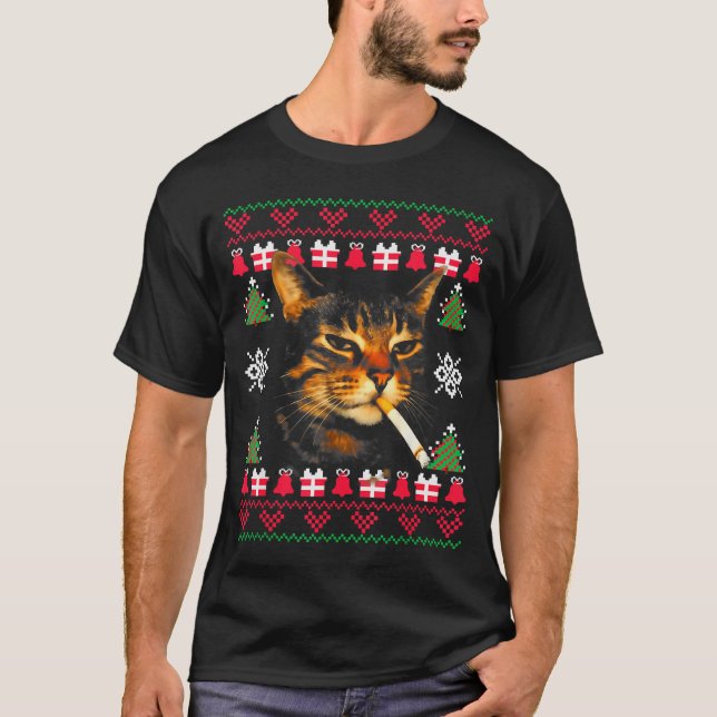Suéter feo de Navidad divertido gato fumando meme  (Anverso)