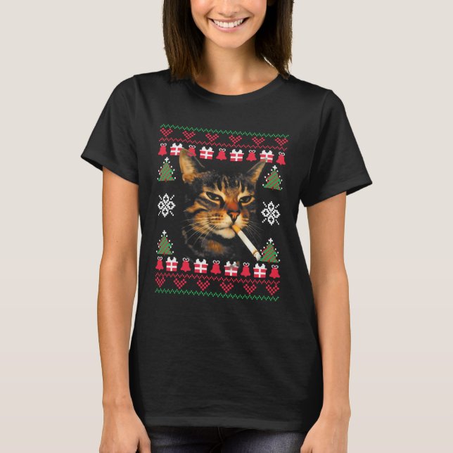 Suéter feo de Navidad divertido para gato fumando  (Anverso)