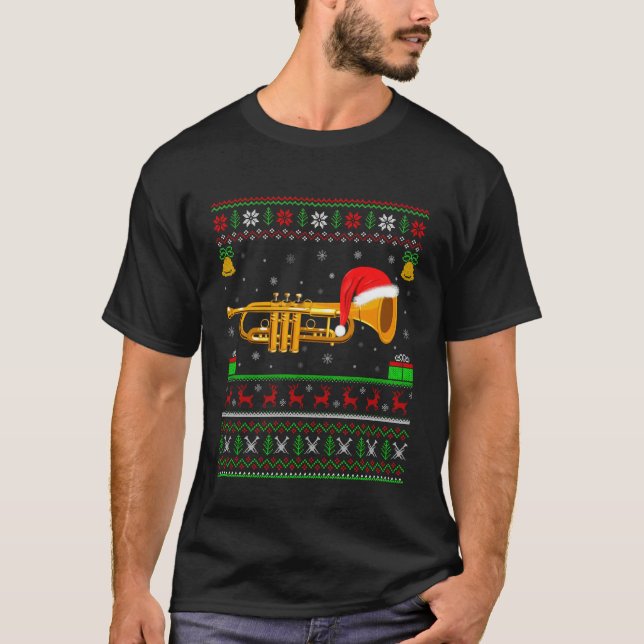 Suéter feo de Navidad Trompeta Santa Jazz Música T (Anverso)