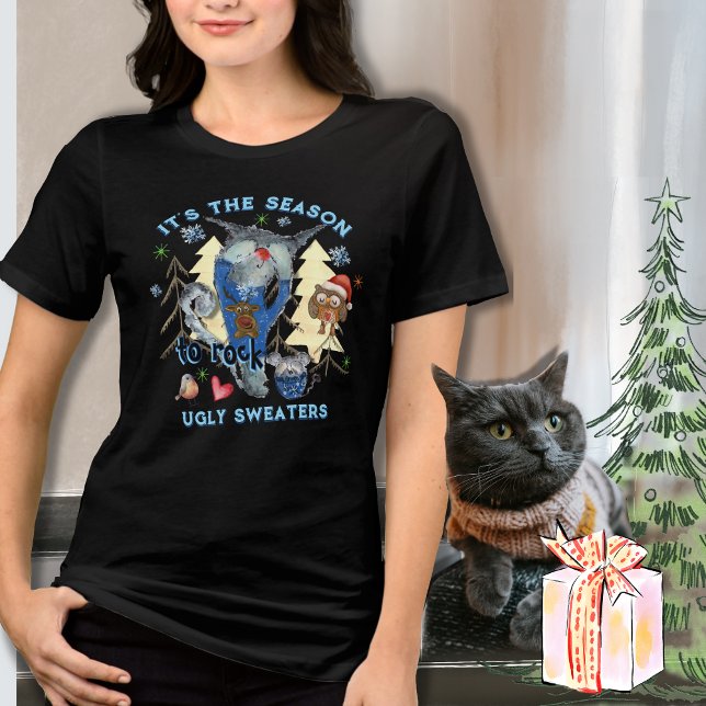 Suéter Feo de Roca Gato y Ratón Divertidos Negro (Rock Ugly Sweater Funny Cat & Mouse Black)