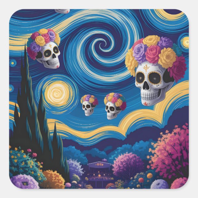 Sugar Skull Starry Night Pegatina (Anverso)