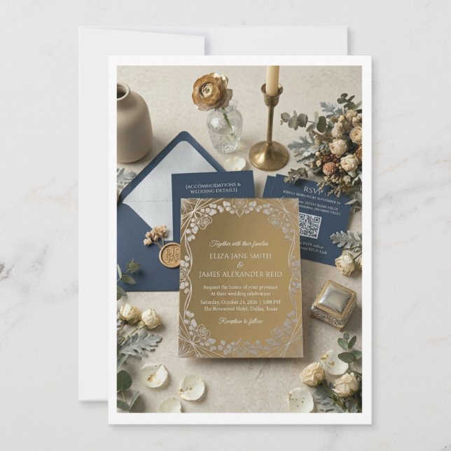 Suite de Invitación de Boda de Acrílico Dorado de  (Anverso)