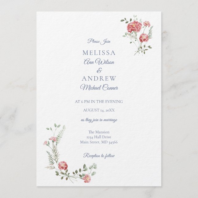 Suite de Invitación de Boda de Claveles y Azul (Anverso)
