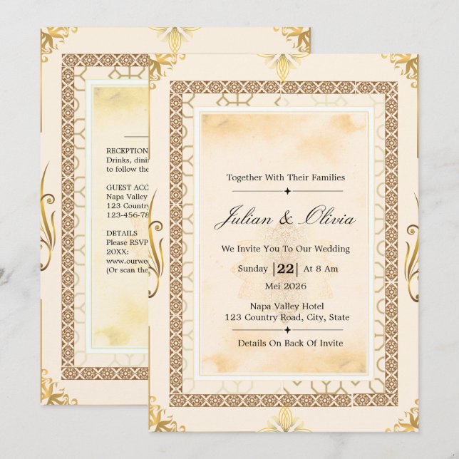 Suite de Invitación de Boda de Crema y Oro de Lujo (Anverso / Reverso)