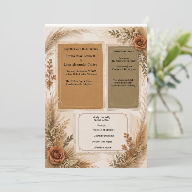 Suite de Invitación de Boda de Lujo Boho Terracota (Anverso de pie)
