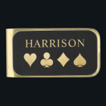 Sujeta Billetes Dorado Juego de cartas de oro monogramado<br><div class="desc">Utilice este atractivo clip de dinero personalizado con juegos de cartas de oro majestuoso para guardar su rollo durante el torneo,  o como premio del ganador. El texto es totalmente editable a cualquier cita o nombre de juego de cartas.</div>