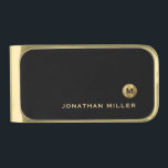 Sujeta Billetes Dorado Monograma de lujo mínimo de oro negro<br><div class="desc">Minimalista diseño moderno de clip de dinero con medallón de oro metálico cepillado con su inicial y su nombre en un fondo negro para un simple y lujoso look profesional.</div>