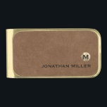Sujeta Billetes Dorado Monograma de oro de lujo de cuero marrón moderno<br><div class="desc">El diseño moderno de clips de dinero incluye un monograma de oro metálico cepillado con su nombre inicial y su nombre en la tipografía clásica de bloques sobre un fondo de textura marrón de cuero perturbado para una apariencia profesional simple y elegante.</div>