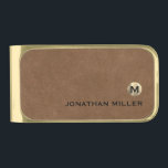 Sujeta Billetes Dorado Monograma de oro de lujo de cuero marrón moderno<br><div class="desc">El diseño moderno de clips de dinero incluye un monograma de oro metálico cepillado con su nombre inicial y su nombre en la tipografía clásica de bloques sobre un fondo de textura marrón de cuero perturbado para una apariencia profesional simple y elegante.</div>