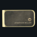 Sujeta Billetes Dorado Monograma de oro de lujo moderno<br><div class="desc">El diseño moderno de clips de dinero incluye un monograma de oro metálico cepillado con su nombre inicial y su nombre en la tipografía clásica de bloques sobre un fondo de textura de cuero marrón castaño negro con aflicción para un estilo profesional simple y elegante.</div>