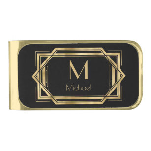 Sujeta Billetes Dorado Monograma y nombre Negro y Oro Geométrico Art Deco