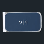 Sujeta Billetes Plateado Azul marino y blanco | Monograma moderno<br><div class="desc">Este moderno diseño de clip de dinero presenta un fondo azul marino oscuro,  con sus iniciales en negrita en blanco para un aspecto simple y elegante.</div>
